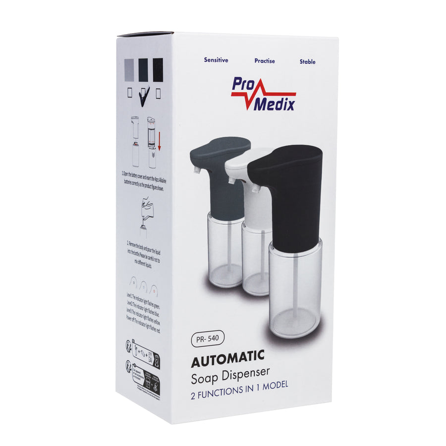 Promedix automatic dispenser, dispenser container for liquid soaps, disinfectant liquids, 300ml, grey, PR-540 GR + 4 AA batteries Varta Industrial
