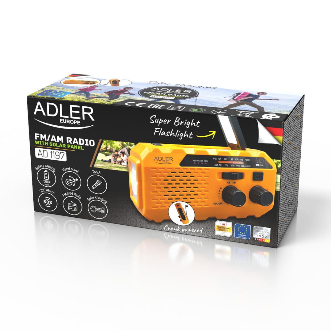 Adler solar radio, 1200 mAh battery, flashlight, hand crank, AD 1197