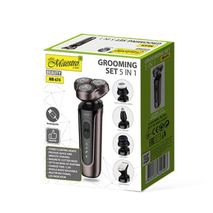 Maestro 5-in-1 shaving kit, shaver, nose trimmer, face brush, massage tip, hair trimmer, waterproof case, run time up to 60 minutes, MR-674
