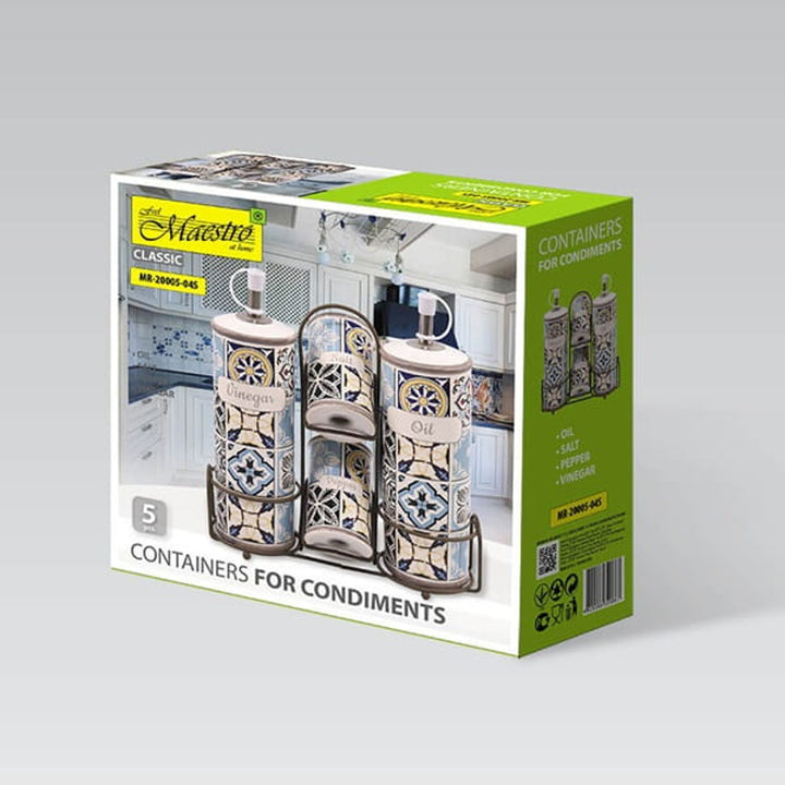 Tacar spíosraí ceirmeacha Holiday in Porto Maestro, 5 phíosa, toilleadh 2x100ml agus 2x300ml, Le seastán miotail, MR-20005-04S