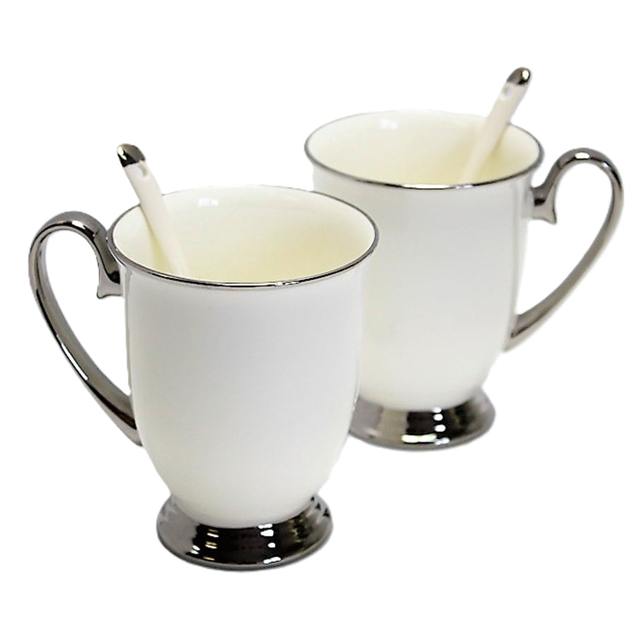 White 2pc Cups Chrome Handles, Teaspoons, Porcelain, Elegant, Queen Isabel