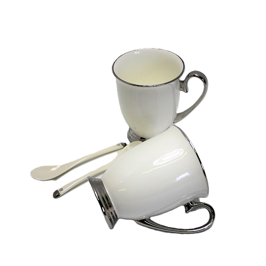 White 2pc Cups Chrome Handles, Teaspoons, Porcelain, Elegant, Queen Isabel