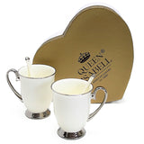 White 2pc Cups Chrome Handles, Teaspoons, Porcelain, Elegant, Queen Isabel