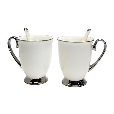 White 2pc Cups Chrome Handles, Teaspoons, Porcelain, Elegant, Queen Isabel