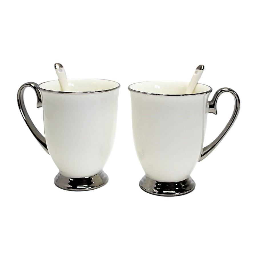 White 2pc Cups Chrome Handles, Teaspoons, Porcelain, Elegant, Queen Isabel