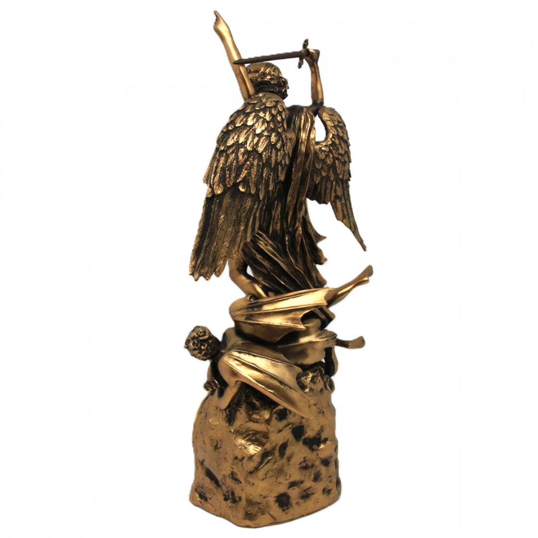 Archangel Michael figurine, clock, bronze religious sculpture, Queen Isabel