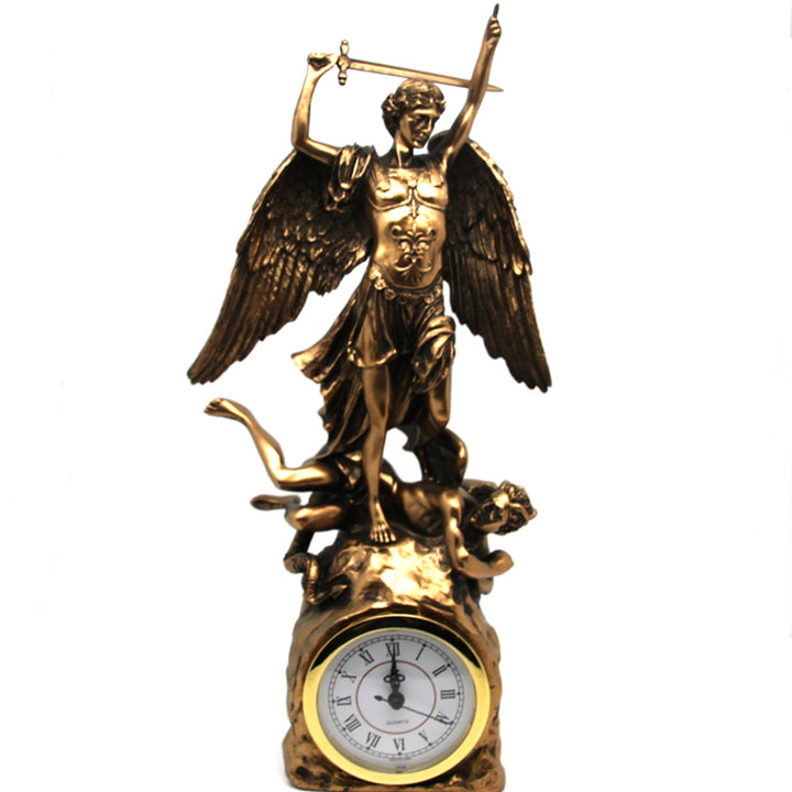 Archangel Michael figurine, clock, bronze religious sculpture, Queen Isabel