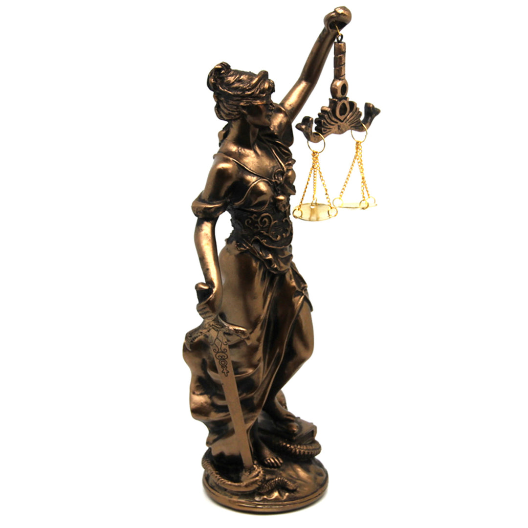 Figurine of Temida with scale and sword, bronze law sculpture, Queen Isabel