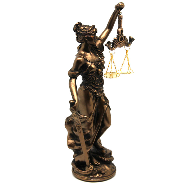 Figurine of Temida with scale and sword, bronze law sculpture, Queen Isabel