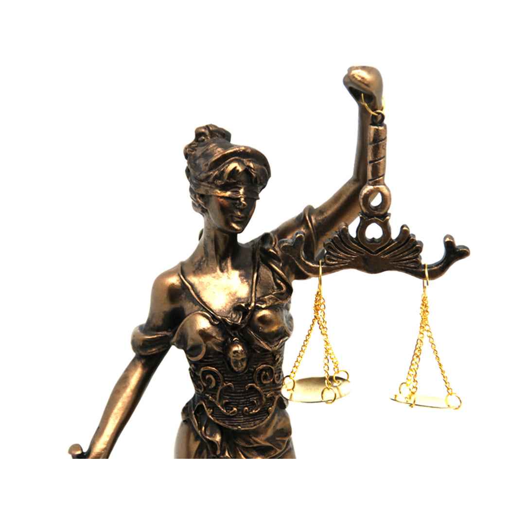 Figurine of Temida with scale and sword, bronze law sculpture, Queen Isabel