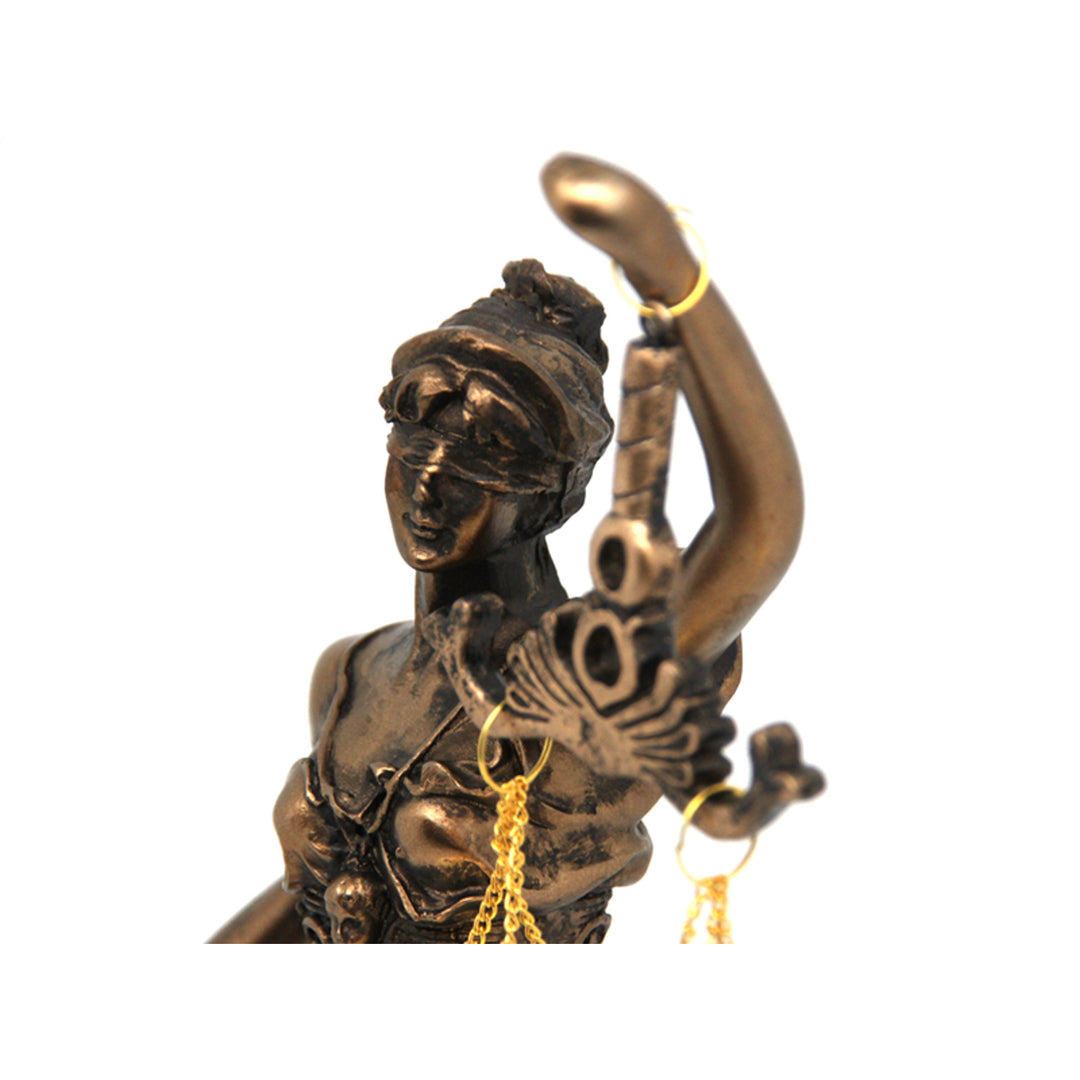 Figurine of Temida with scale and sword, bronze law sculpture, Queen Isabel