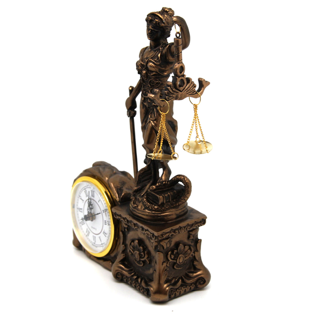 Figurine of Temida with scale and sword, clock, bronze ornament, Queen Isabel
