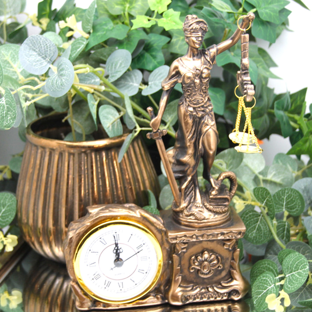 Figurine of Temida with scale and sword, clock, bronze ornament, Queen Isabel