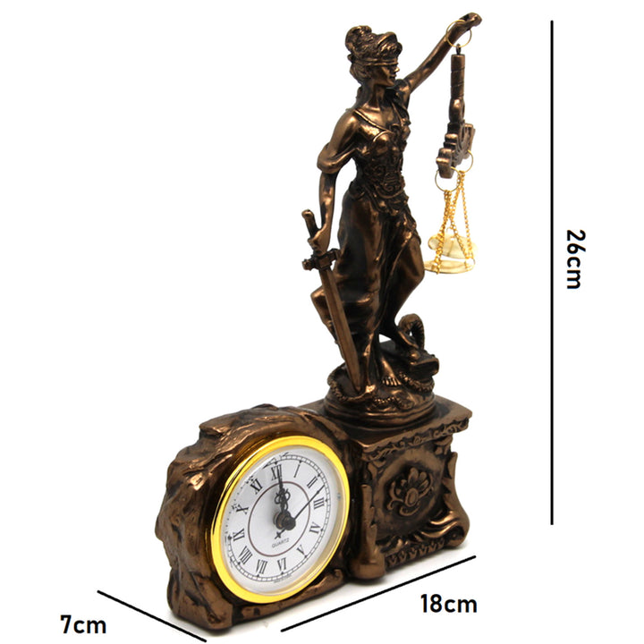 Figurine of Temida with scale and sword, clock, bronze ornament, Queen Isabel