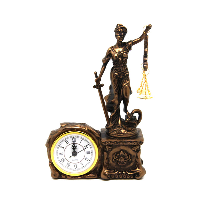 Figurine of Temida with scale and sword, clock, bronze ornament, Queen Isabel