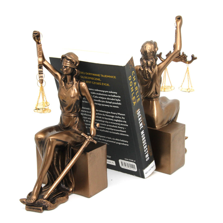 Figurines of Themis with scale and sword, book rests, Queen Isabel, 2 pieces