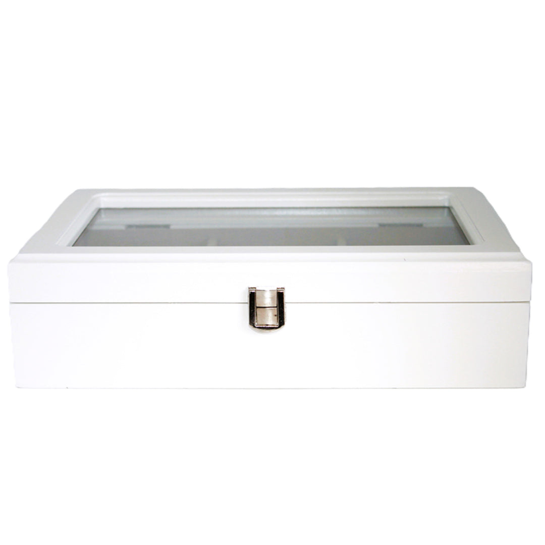 Jewelry box, wooden, white, organizer, compartments, glass lid, Queen Isabel