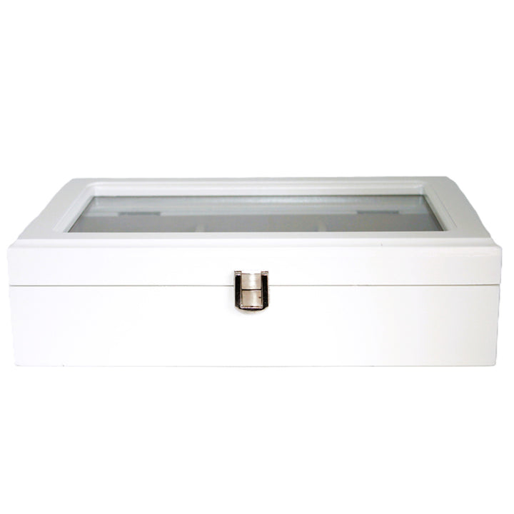 Jewelry box, wooden, white, organizer, compartments, glass lid, Queen Isabel