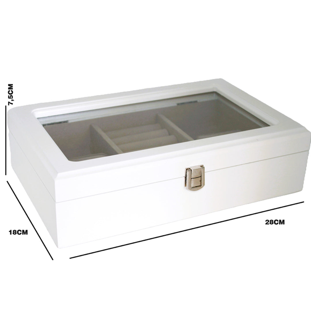 Jewelry box, wooden, white, organizer, compartments, glass lid, Queen Isabel