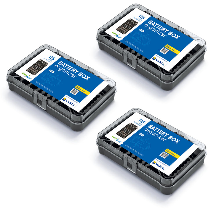 GreenBlue battery organizer, clear cover, 115 spaces, Varta Box GB189, 3 pieces