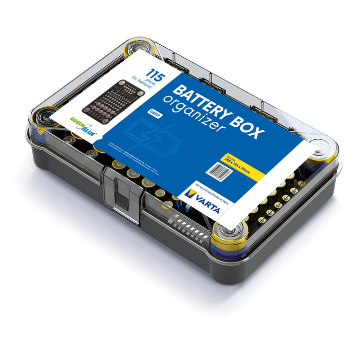 GreenBlue battery organizer, clear lid, 115 spaces, Varta Box GB189, 5 pieces