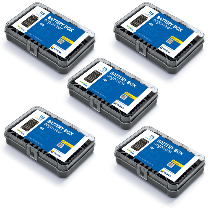 GreenBlue battery organizer, clear lid, 115 spaces, Varta Box GB189, 5 pieces