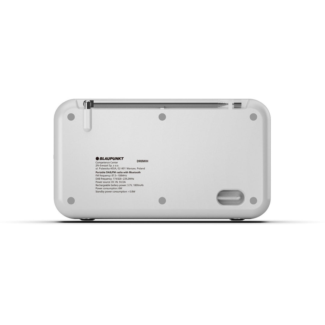 Blaupunkt portable radio, DAB+ digital radio and FM tuner, Bluetooth, headphone output, 2.4 inch color display, clock and alarm function, battery powered and charged via USB-C, DR8WH