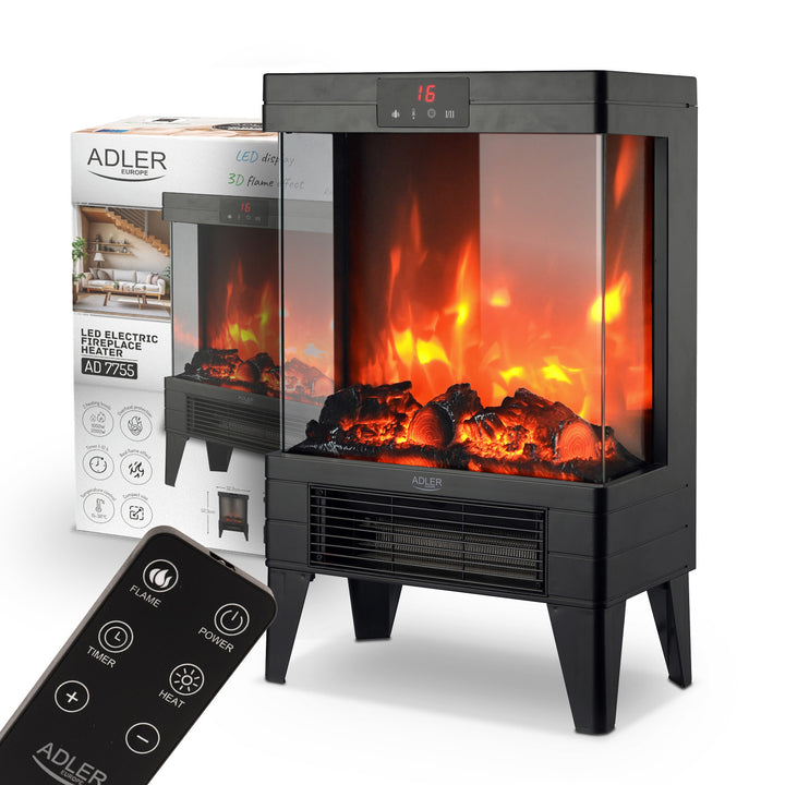 LED electric fireplace with remote control, 2 heating powers 1000W/2000W, thermostat, Adler AD 7755