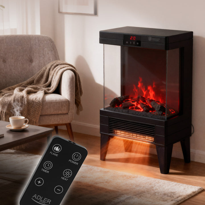 LED electric fireplace with remote control, 2 heating powers 1000W/2000W, thermostat, Adler AD 7755
