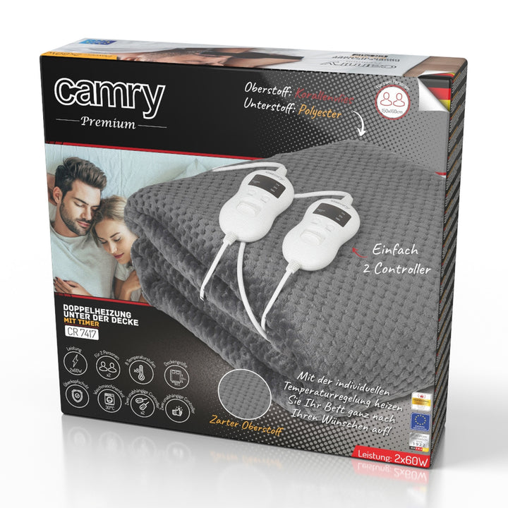 Camry electric blanket, for 2 people, dimensions 150x160cm, 8 heating levels, power 2 x 60W, grey, CR 7417