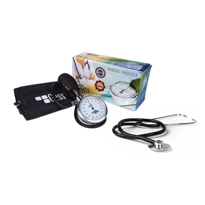 Gess Delux dial blood pressure monitor, complete with stethoscope, large dial pressure gauge, corrosion and scratch resistant
