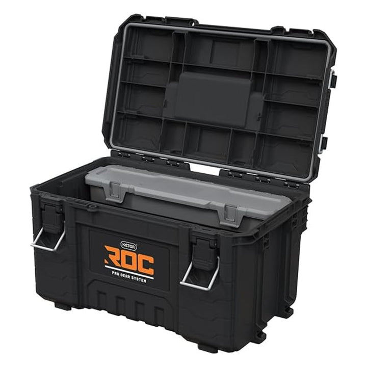 Keter ROC Pro Gear 2.0 Tool Box, 54 kg load capacity, features Pro Mount handles, includes an organizer, can be mounted on the wall, 256984