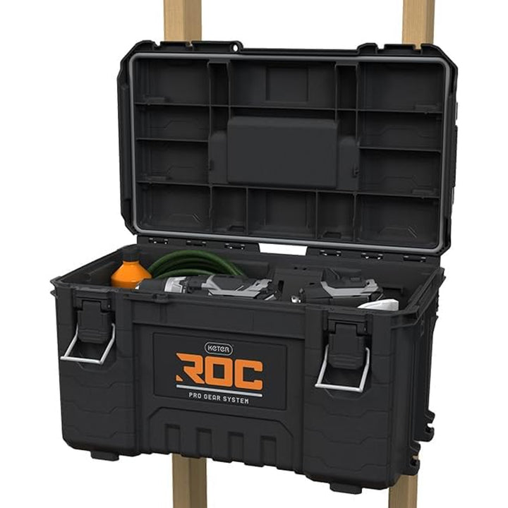 Keter ROC Pro Gear 2.0 Tool Box, 54 kg load capacity, features Pro Mount handles, includes an organizer, can be mounted on the wall, 256984