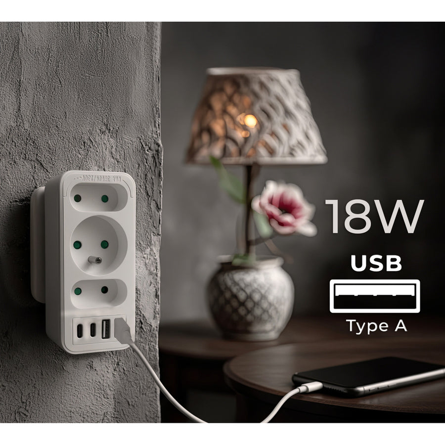 Current socket x3 + 4xUSB Maclean, splitter with 3 sockets, 2xUSB A, 2xUSB C PD 20W, 1x16A + 2x6A, MCE248 F/W, 2 pieces