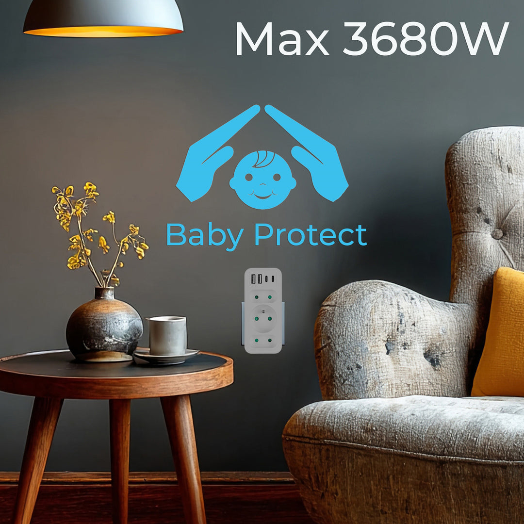 Current socket x3 + 4xUSB Maclean, splitter with 3 sockets, 2xUSB A, 2xUSB C PD 20W, 1x16A + 2x6A, MCE248 F/W, 3 pieces