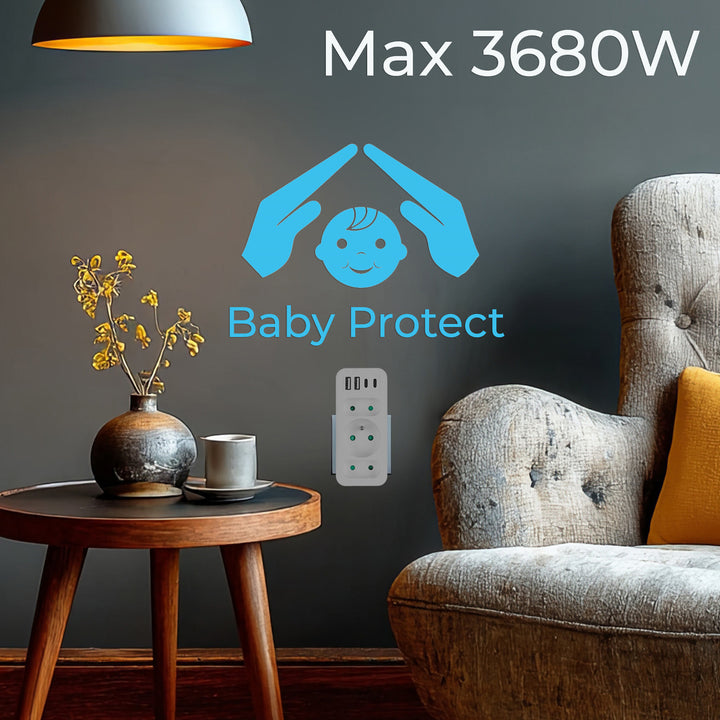 Current socket x3 + 4xUSB Maclean, splitter with 3 sockets, 2xUSB A, 2xUSB C PD 20W, 1x16A + 2x6A, MCE248 F/W, 3 pieces
