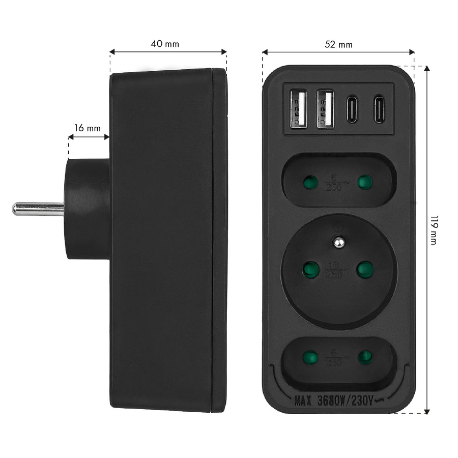 Current socket x3 + 4xUSB Maclean, splitter with 3 sockets, 2xUSB A, 2xUSB C PD 20W, 1x16A + 2x6A, MCE248 F/B, 2 pieces