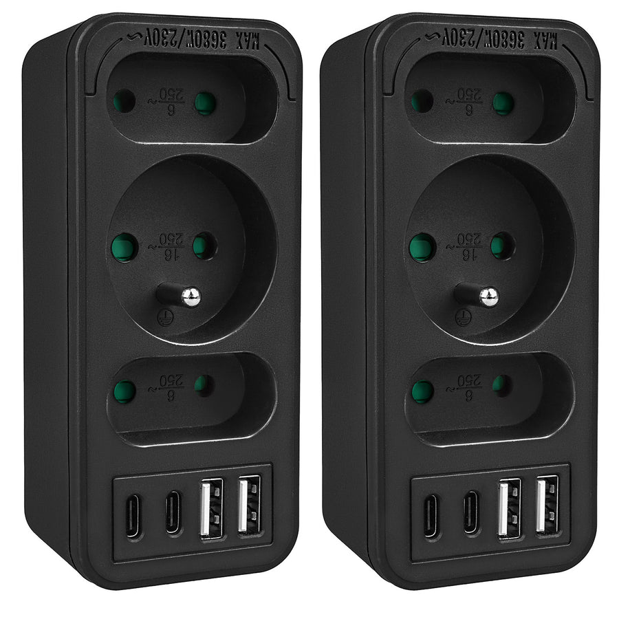 Current socket x3 + 4xUSB Maclean, splitter with 3 sockets, 2xUSB A, 2xUSB C PD 20W, 1x16A + 2x6A, MCE248 F/B, 2 pieces