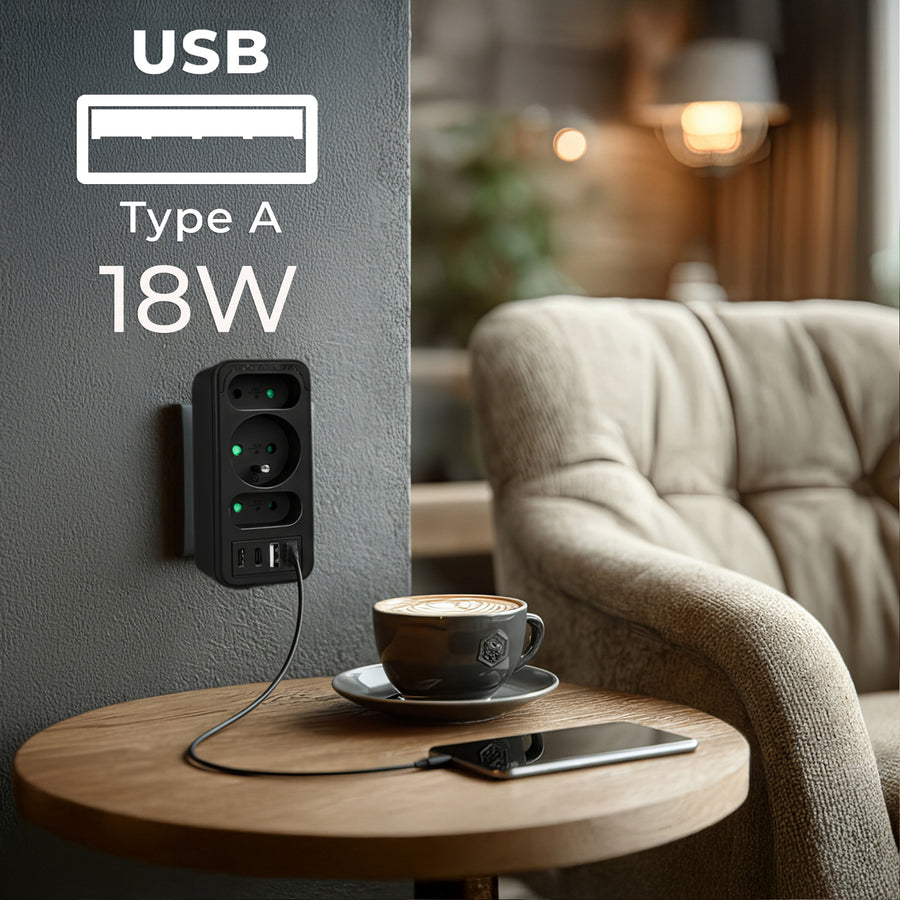 Current socket x3 + 4xUSB Maclean, splitter with 3 sockets, 2xUSB A, 2xUSB C PD 20W, 1x16A + 2x6A, MCE248 F/B, 3 pieces