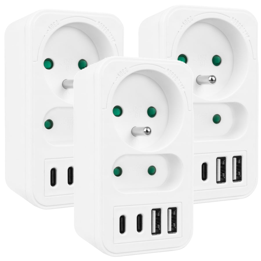 Current socket x2 + 4xUSB Maclean, splitter with 2 sockets, 2xUSB A, 2xUSB C PD 20W, 1x16A + 1x6A, MCE249 F/W, 3 pieces