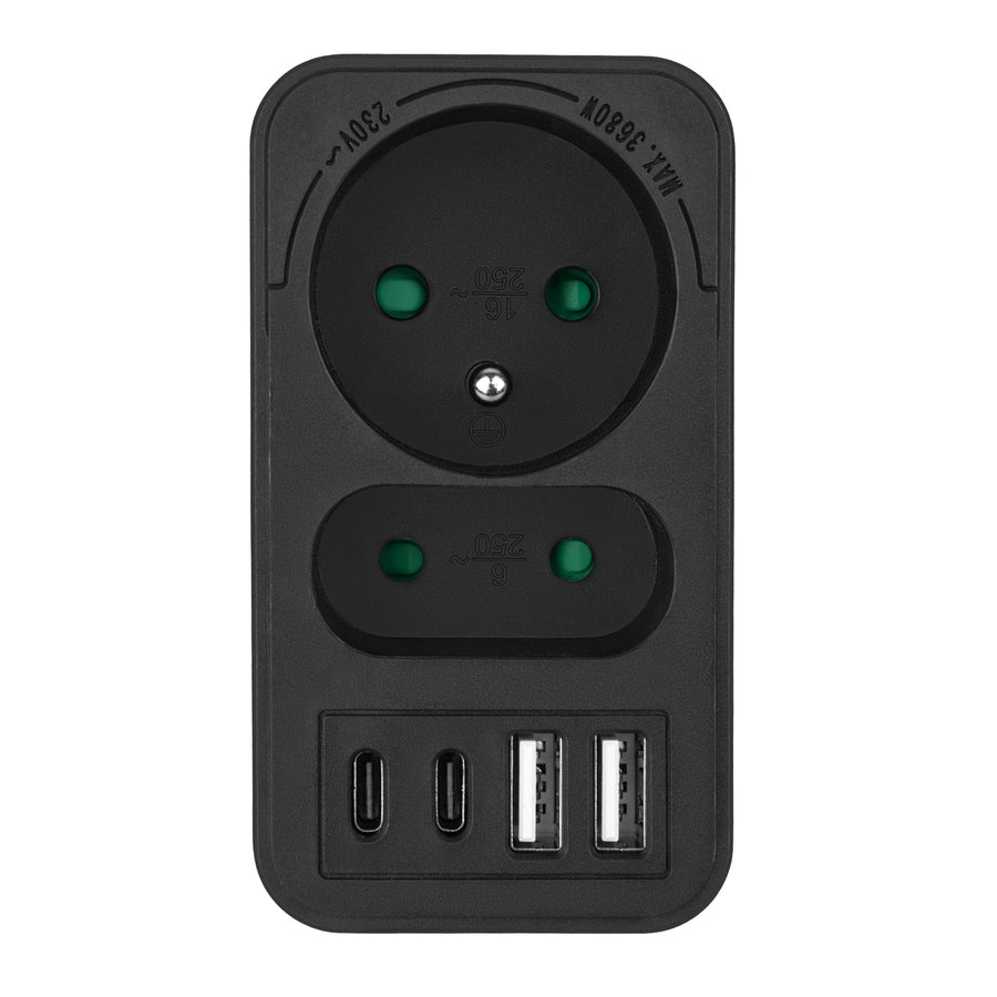 Current socket x2 + 4xUSB Maclean, splitter with 2 sockets, 2xUSB A, 2xUSB C PD 20W, 1x16A + 1x6A, MCE249 F/B, 2 pieces