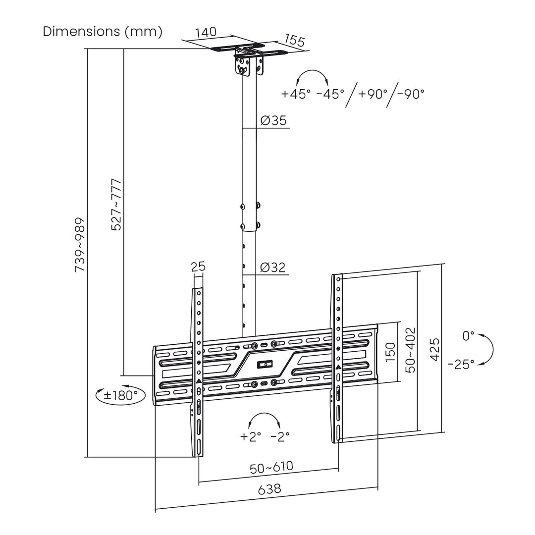 Maclean Ceiling Mount for TV, max. load 50 kg, 37–86", max. VESA 600x400, MC-173