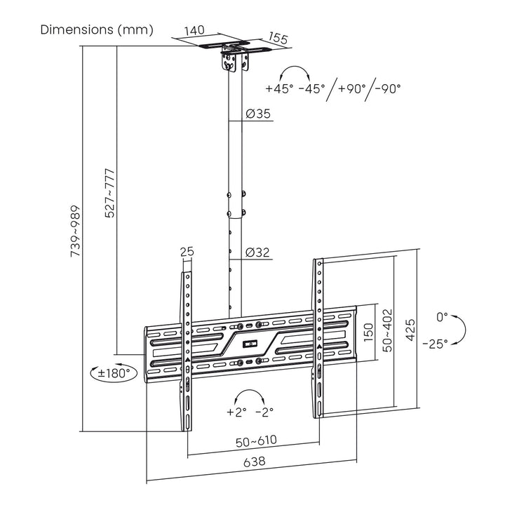 Maclean Ceiling Mount for TV, max. load 50 kg, 37–86", max. VESA 600x400, MC-173