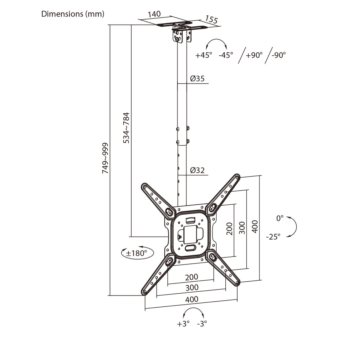 Maclean Ceiling Mount for TV, max. load 35 kg, 23–55", max. VESA 400x400, MC-174