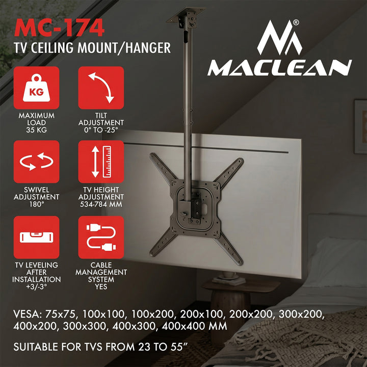Maclean Ceiling Mount for TV, max. load 35 kg, 23–55", max. VESA 400x400, MC-174