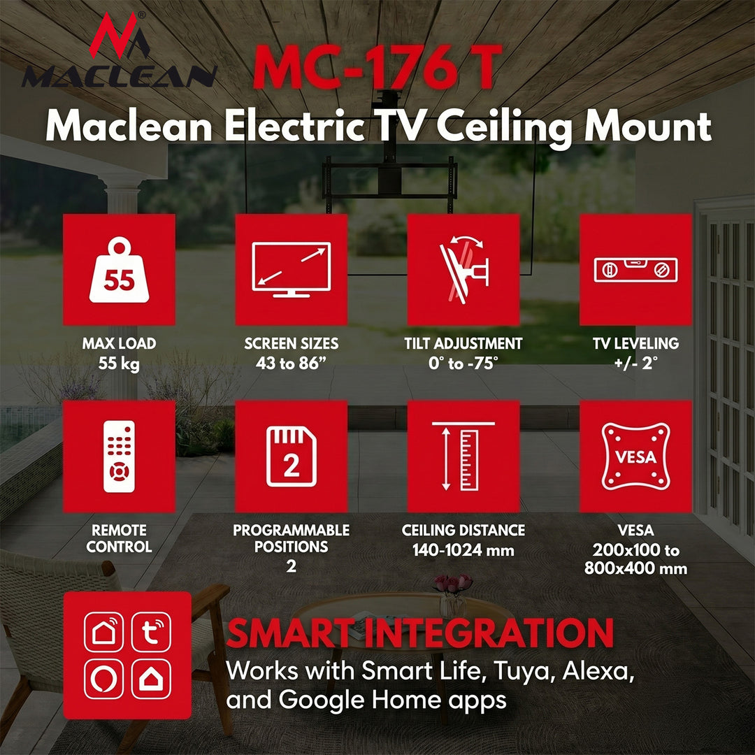 Maclean Electric TV Mount, Ceiling-Mounted, Tuya Compatible, Max. VESA 800x400, for 43-86" TVs, Max. 55 kg, MC-176 T