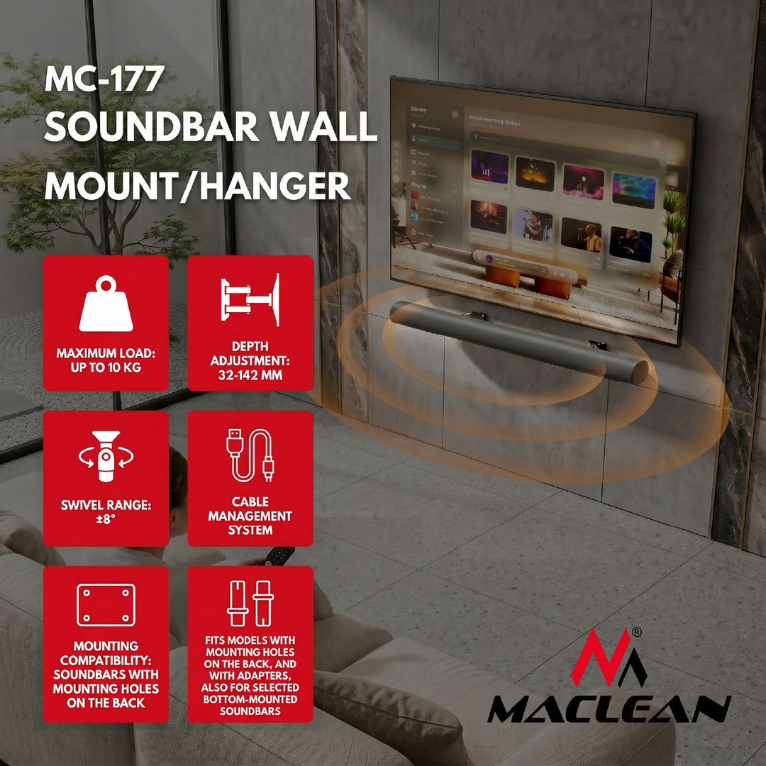 Maclean Soundbar Wall Mount / Bracket, angle adjustment +8°–8°, max. load 10 kg, made of steel, MC-177