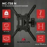 Maclean TV or Monitor Mount / Bracket, max. 23–65", max. load 30 kg, universal, max. VESA 400x400, MC-758 N
