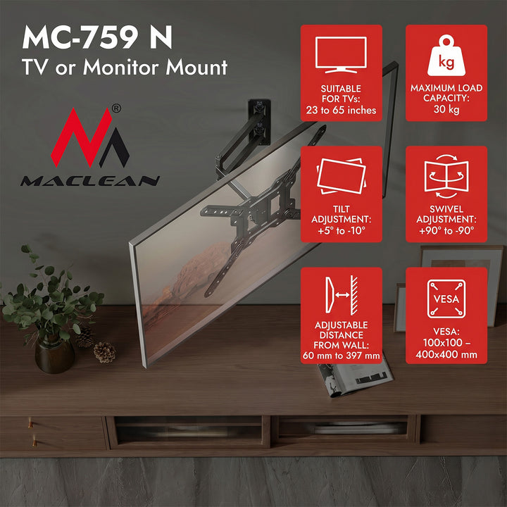Maclean TV or Monitor Mount / Bracket, max. 23–65", max. load 30 kg, universal, max. VESA 400x400, MC-759 N