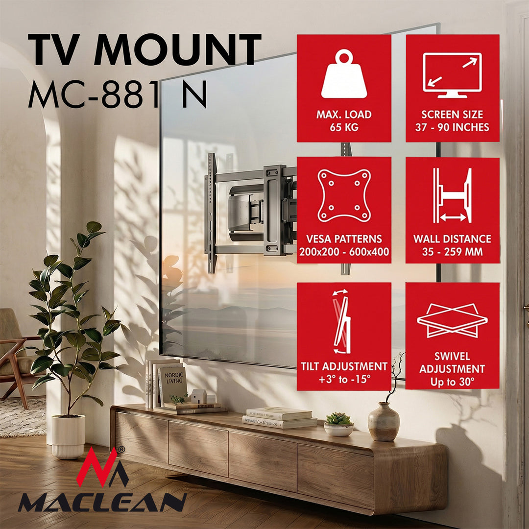 Maclean TV Mount / Bracket, max. VESA 600x400, 37-90", max. load 65 kg, black, MC-881 N